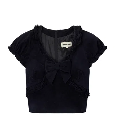 Shushu-tong Crisscross Bow-detailed Ruffled Cropped Top In Blue