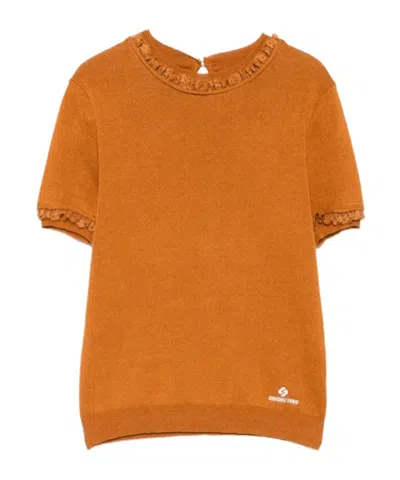 Shushu-tong Lace-trimmed Short-sleeve Sweater In Brown