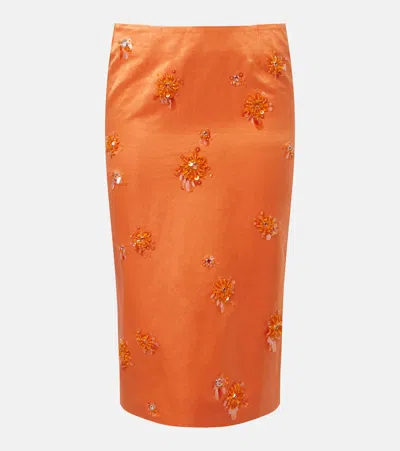 Shushu-tong Embellished Linen And Silk Slip Skirt In Orange