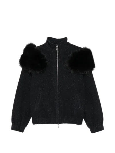 Shushu-tong Faux-fur Trim Flecked Coat In Black