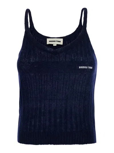 Shushu-tong Shushu/tong Kid Mohair V-neck Knit Cami Top With Spaghetti Straps In Blue