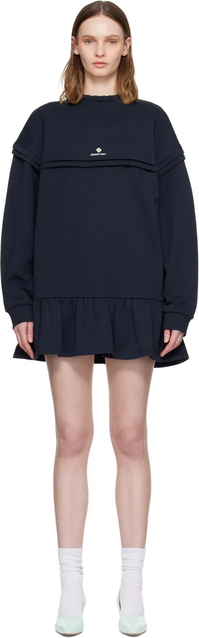 Shushu-tong Navy Raw-edge Wave Collar Tuck Detail Sweatshirt Minidress In Blue