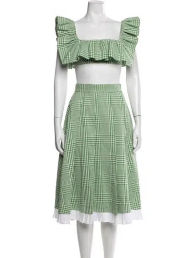 Pre-owned Shushu-tong Plaid Print Pleated Accents Dress Set In Green