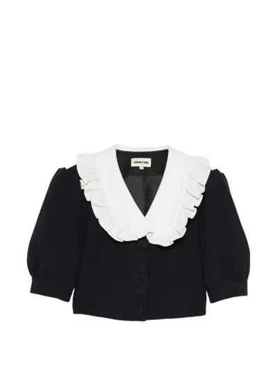 Shushu-tong Cropped Ruffled Puff-sleeve Wool Jacket In Black