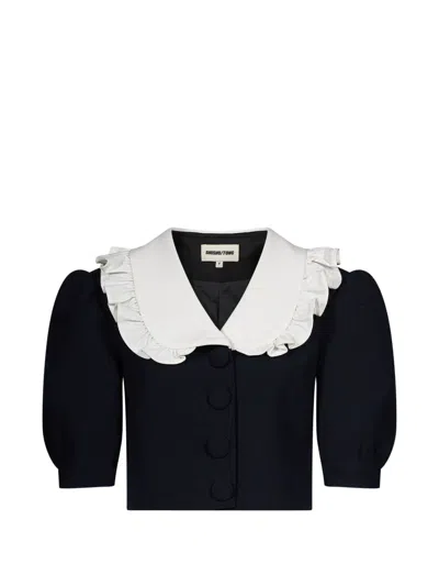 Shushu-tong Ruffled-collar Puff-sleeve Cropped Jacket In Black
