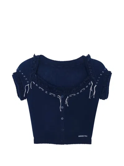 Shushu-tong Ruffled-trim Contrast-stitch Cardigan In Blue