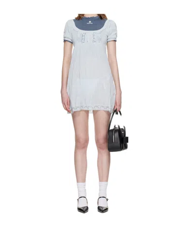 Shushu-tong Blue Boatneck Puff Sleeve Knit Minidress In Gray