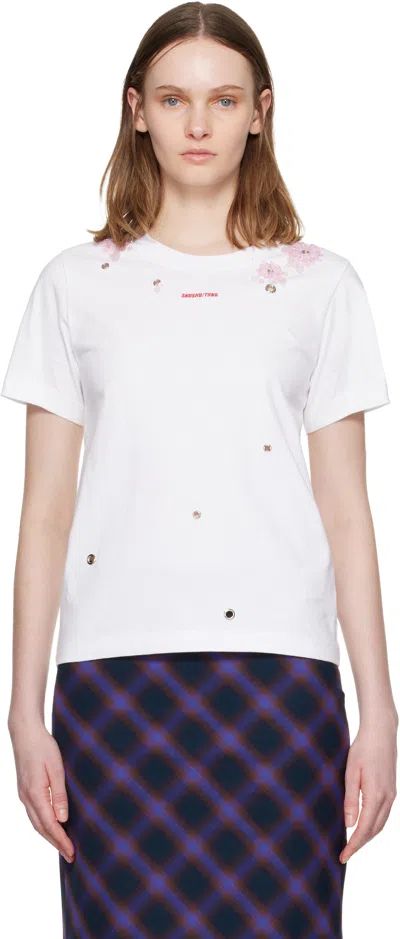 Shushu-tong White Grommet Embroidered Floral T-shirt