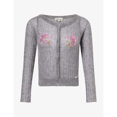 Shushu-tong Womens Grey Floral Bead-embellished Wool-blend Cardigan In Gray
