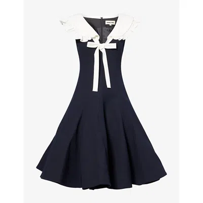Shushu-tong Womens Navy Blue Contrast-collar Bow-embellished Wool Midi Dress