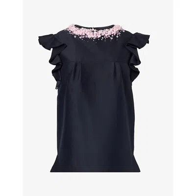Shushu-tong Womens Ruffle Cap-sleeve Wool-blend Top Navy Blue