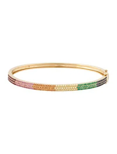 Pre-owned Shy Creation 14k Ruby, Emerald, & Sapphire Pavé Bangle Bracelet, 6.75" In Multicolor