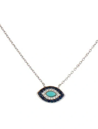 Pre-owned Shy Creation 14k Turquoise, Sapphire & Diamond Evil Eye Pendant Necklace, 19" In Multicolor