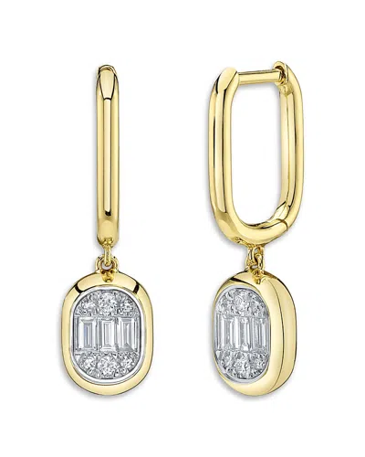 Shy Creation 14k Yellow Gold Diamond Baguette & Round Oval Cluster Dangle Hoop Earrings
