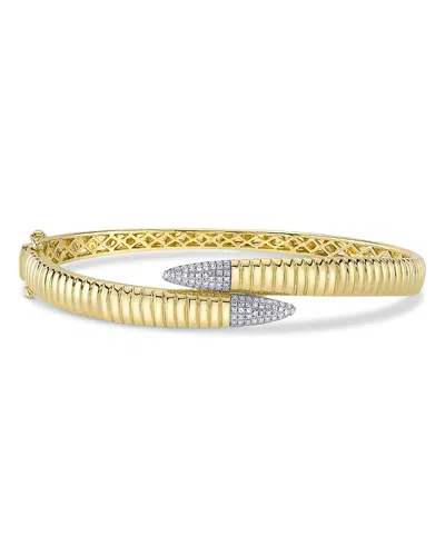 Shy Creation 14k Yellow Gold Diamond Pave Ridge Texture Bypass Bangle Bracelet