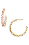 Shymi Bezel Heart Inside Out Hoop Earrings In Gold/pink