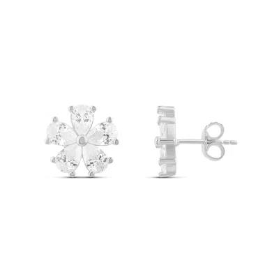 Shymi Prong-set Flower Stud Earrings - .925 Sterling Silver, Rhodium Plated, Cubic Zirconia Detailing, Lig