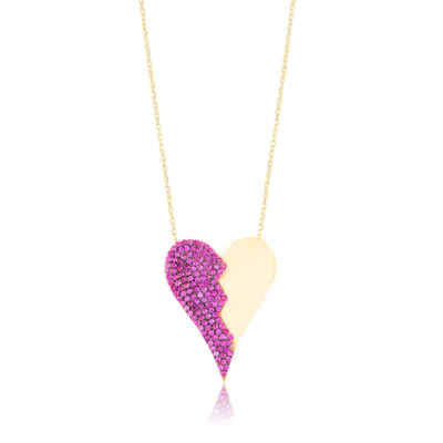 Shymi Women's Gold / Pink / Purple Half Pave Heart Necklace - Hot Pink