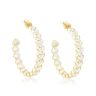Shymi Women's Large Bezel Set Heart Hoops - Gold With White Stones