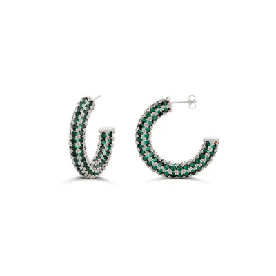 Shymi Women's Silver / Green Colored Crystal Pave Hoop Earrings - Silver Green