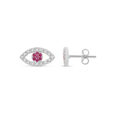 Shymi Women's Silver / Pink Pave Evil Eye Studs - Silver And Pink In Metallic