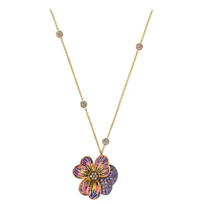Pre-owned Sicis Jewels 18k Gold Micro Mosaic Necklace With Diamonds & Sapphires In Multi