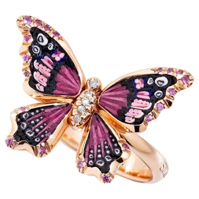 Pre-owned Sicis Jewels 18k Rose Gold Butterfly Ring With Diamonds & Sapphires In Red