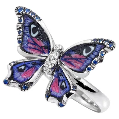 Pre-owned Sicis Jewels 18k White Gold Butterfly Ring, Diamonds, Sapphires & Micromosaic
