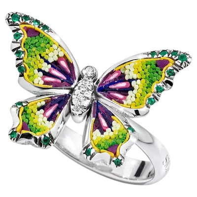 Pre-owned Sicis Jewels 18k White Gold Butterfly Ring, With Diamonds & Emeralds