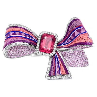 Pre-owned Sicis Jewels 18k White Gold Cocktail Ring With Tourmaline, Diamonds & Sapphires
