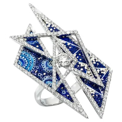 Pre-owned Sicis Jewels 18k White Gold Micro Mosaic Cocktail Ring With Diamonds