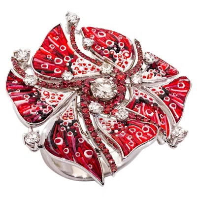 Pre-owned Sicis Jewels 18k White Gold Micro Mosaic Cocktail Ring With Diamonds