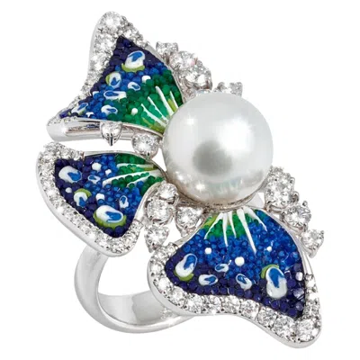 Pre-owned Sicis Jewels 18k White Gold Micro Mosaic Cocktail Ring With Pearl And Diamonds
