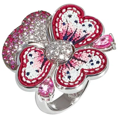 Pre-owned Sicis Jewels 18k White Gold Micro Mosaic Cocktail Ring With Sapphires & Diamonds