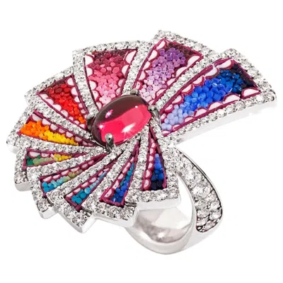 Pre-owned Sicis Jewels 18k White Gold Micromosaic Cocktail Ring With Rubellite & Diamonds