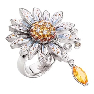 Pre-owned Sicis Jewels 18k White Gold Micromosaic Daisy Ring With Diamonds & Sapphires