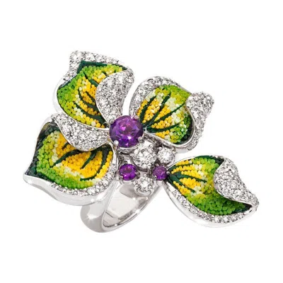 Pre-owned Sicis Jewels 18k White Gold Micromosaic Ring With Diamonds & Amethyst