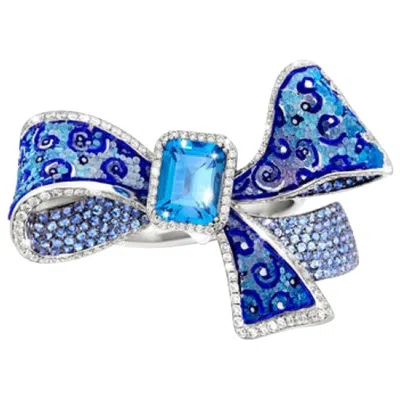 Pre-owned Sicis Jewels 18k White Gold Ribbon Ring With Diamonds And Sapphires