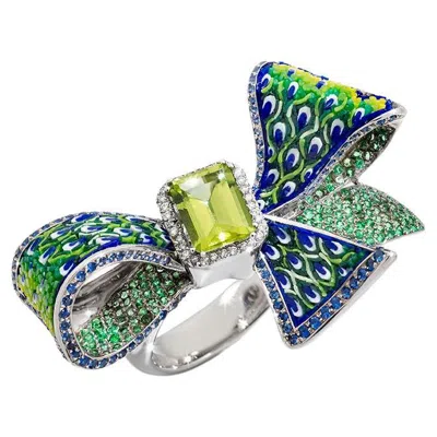 Pre-owned Sicis Jewels 18k White Gold Ring With Peridot, Sapphires And Micromosaic