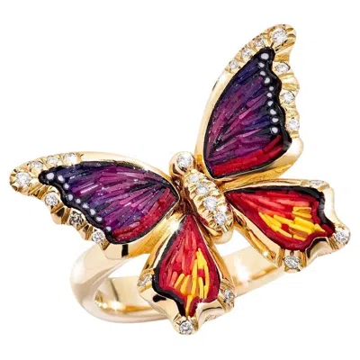 Pre-owned Sicis Jewels 18k Yellow Gold Butterfly Ring Wit White Diamonds And Micromosaic