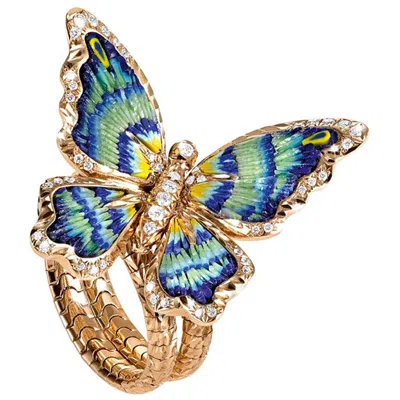 Pre-owned Sicis Jewels 18k Yellow Gold Micro Mosaic Butterfly Ring With Diamonds