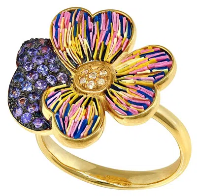 Pre-owned Sicis Jewels 18k Yellow Gold Micro Mosaic Ring With Pink And Yellow Sapphires