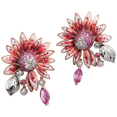 Pre-owned Sicis Jewels 18kt Rose Gold Micro Mosaic Earrings With Diamonds And Sapphires In Red