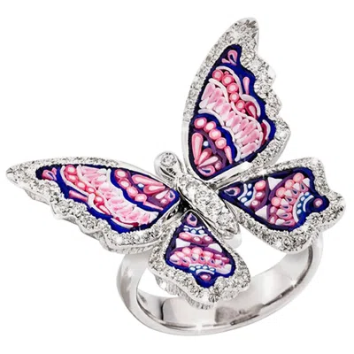 Pre-owned Sicis Jewels 18kt White Gold Micro Mosaic Butterfly Ring With Diamonds