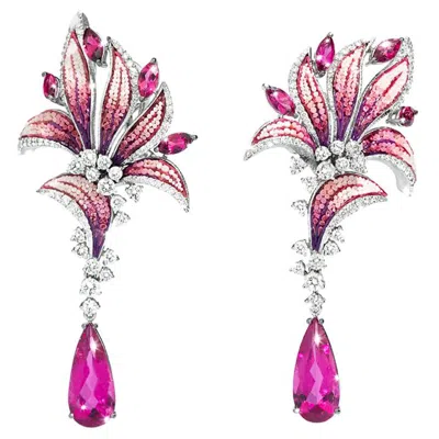 Pre-owned Sicis Jewels 18kt White Gold Micro Mosaic Drop Earrings With Rubellite & Diamond