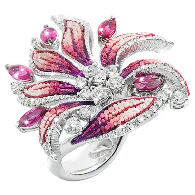 Pre-owned Sicis Jewels 18kt White Gold Micro Mosaic Ring With Diamonds And Rubellite
