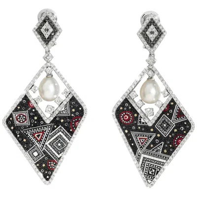 Pre-owned Sicis Jewels 18kt White Gold Micromosaic Earrings With Diamonds And Pearls