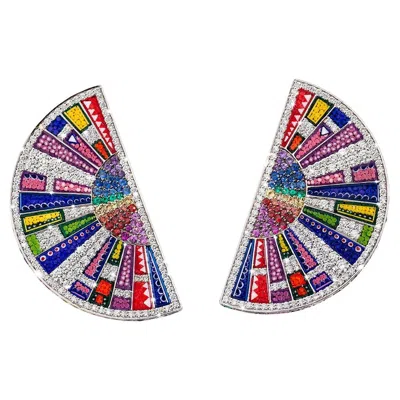 Pre-owned Sicis Jewels 18kt White Gold Micromosaic Earrings With Diamonds And Sapphires
