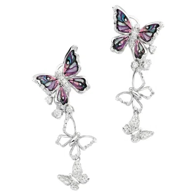 Pre-owned Sicis Jewels Butterfly Earrings In White Gold With White Diamonds With Micromosaic