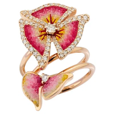 Pre-owned Sicis Jewels Cocktail Ring In Rose Gold With Hand Decorated Micromosaic And White Diamods